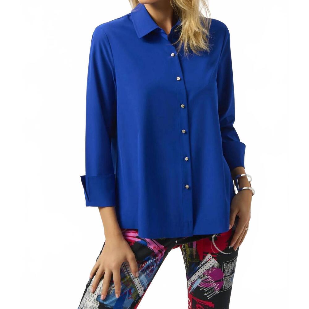 NEW JOSEPH RIBKOFF poplin button-front back slit sleeves top in royal sapphire